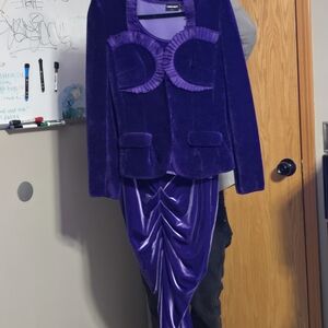 Giorgio Armani Deep Purple Velvet Blazer, Tank Top, And Rutched Pencil Skirt